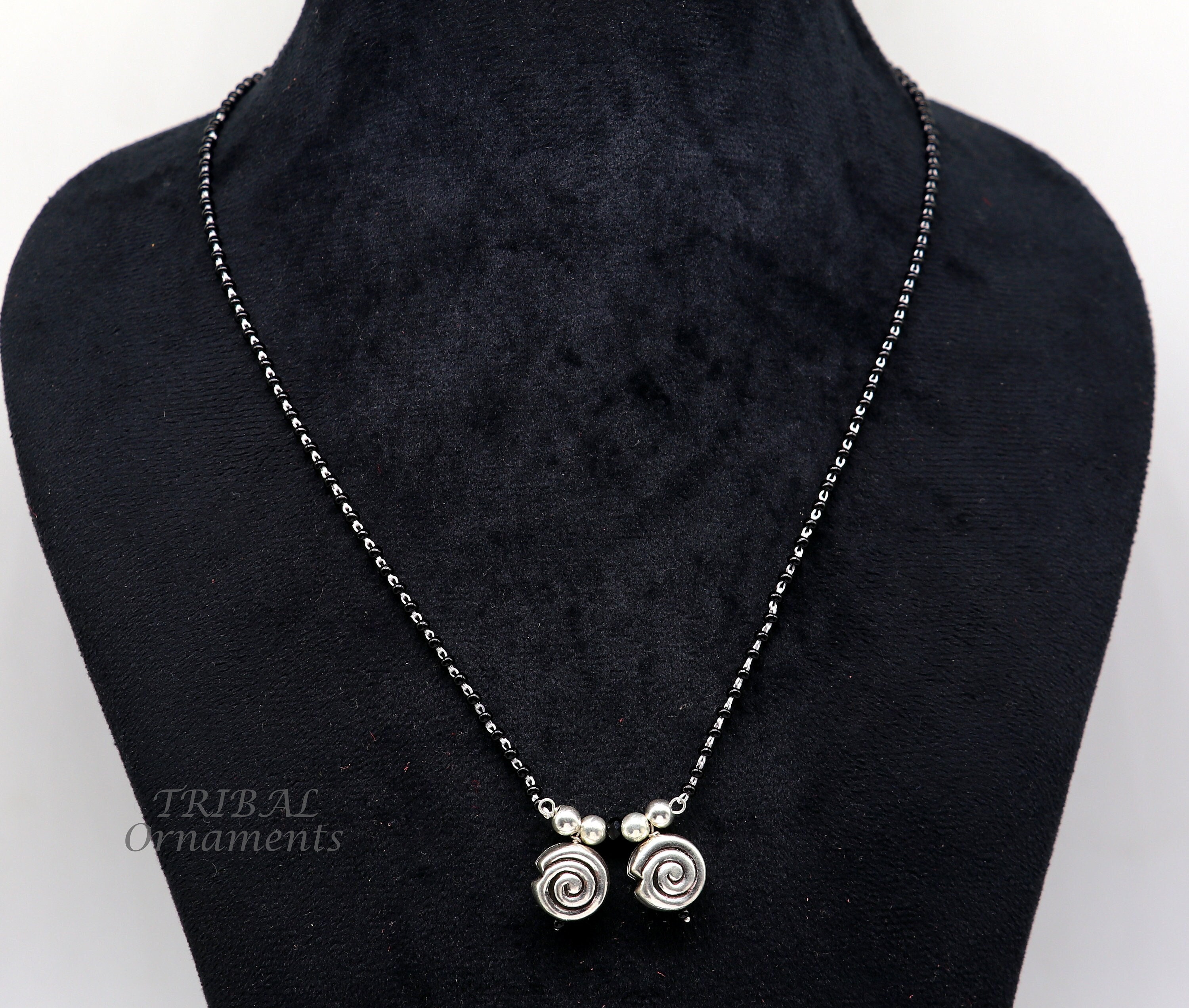 925 Sterling Silver Black Beads Chain Necklace, Vintage South 