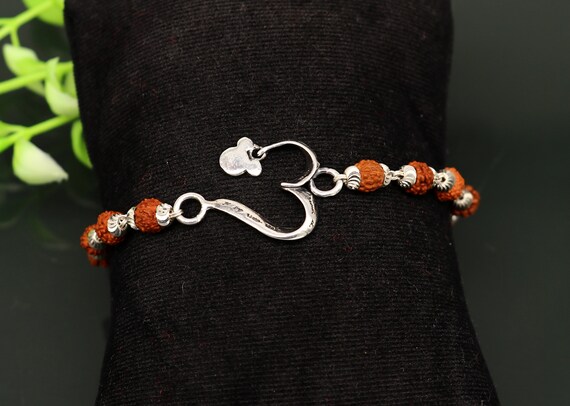 7.5 Inches Long Handmade Solid 925 Sterling Silver Custom Aum Design Rudraksha Rakhi Bracelet, Special Personalized Rakshabandhan Gift RK11 7.5 Inches Long Handmade Solid 925 Sterling Silver Custom Aum Design Rudraksha Rakhi Bracelet, Special Personalized Rakshabandhan Gift RK11