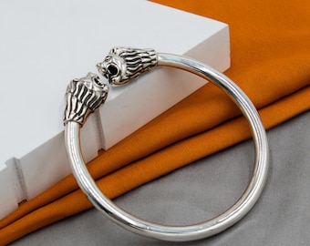 925 Sterling Silver Handmade Lion Face Design Plain Bangle