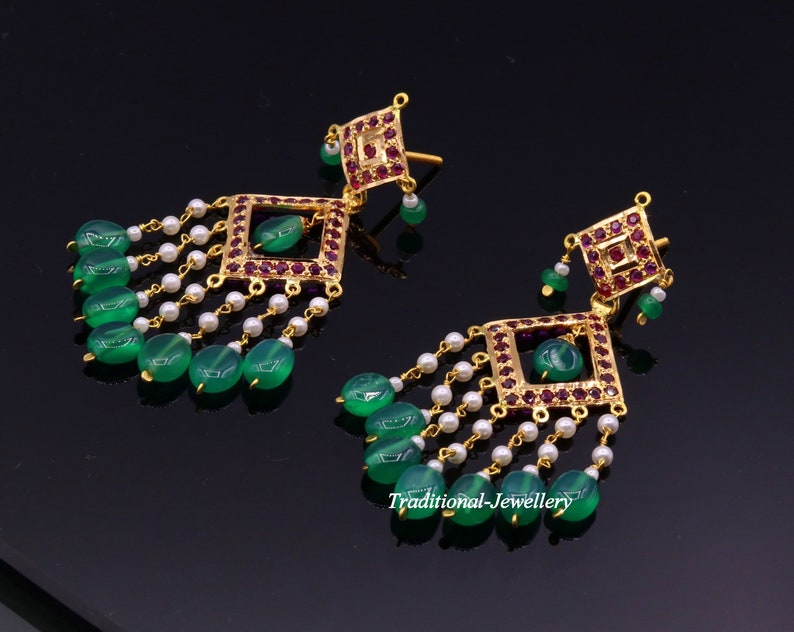 Authentic 22kt yellow gold handmade jadau earring dangling fabulous wedding anniversary gifting jewelry from rajasthan India image 3