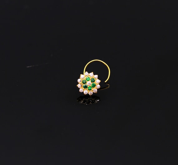 18kt yellow gold handmade fabulous green color stone cubic zircon nose stud,excellent women girls daily use jewelry from Rajasthan gnp16