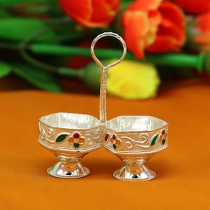 Pure 925 sterling silver handmade customized work puja utensils, silver tilak bowl, kesar chaindan kumkum patra/ bowl, silver article su554