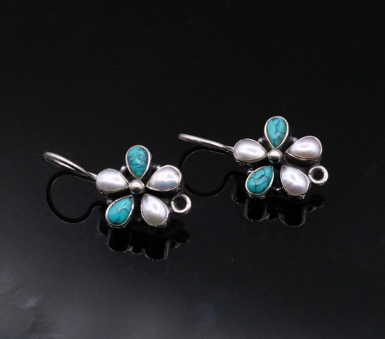 925 Sterling silver handmade fabulous Hoops earrings with gorgeous pearl and turquoise stone flower shape stylish jewelry from india s102