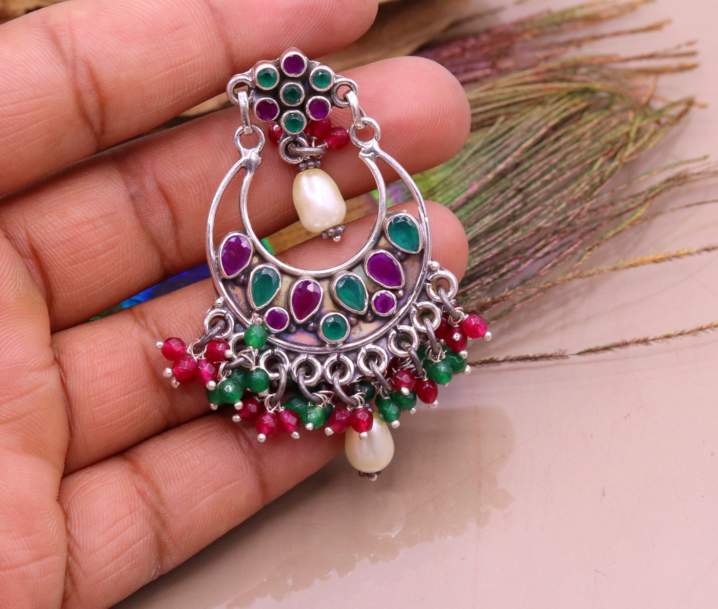 Vintage Design 925 Sterling Silver Handmade Gemstone Stud