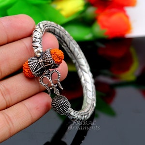 925 Sterling silver handmade chitai work Lord Shiva trident trishul kada bangle bracelet with natural Rudraksha customized kada nsk566