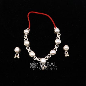 925 sterling silver Single line pearl chain necklace set for Lord Krishna Laddu Gopala, silver handmade little Krishna jewelry set587