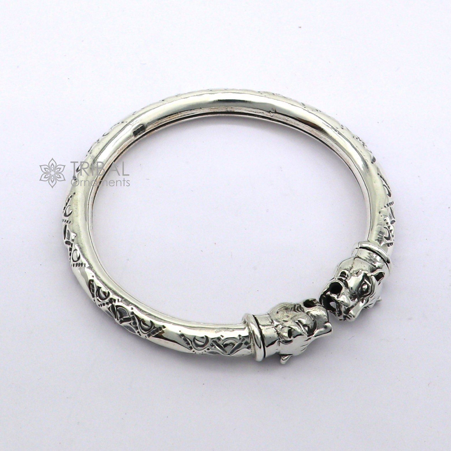 Sterling Silver Crown Lion Head Bangle Cuff Bracelet For Men - Handmade Thai Silver, 62g - View #11