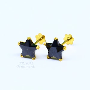 6mm 18kt yellow gold handmade single black stone back screw stud earring cartilage customized unisex jewelry er141