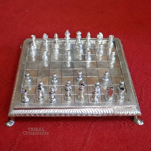 12&quot; x 12&quot; 925 sterling silver work chessboard, Amazing handcrafted design on wooden base, fabulous Royal silver article from india fr13