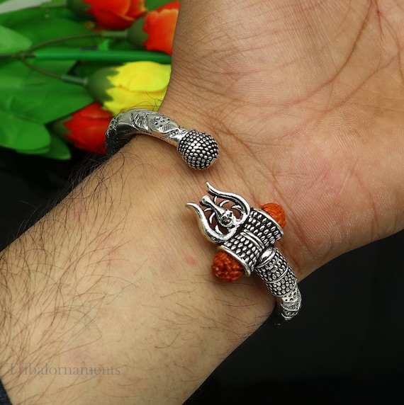 925 Sterling silver handmade plain shiny Lord Shiva trident trishul kada bangle  bracelet with natural Rudraksha customized kada nsk516 | TRIBAL ORNAMENTS