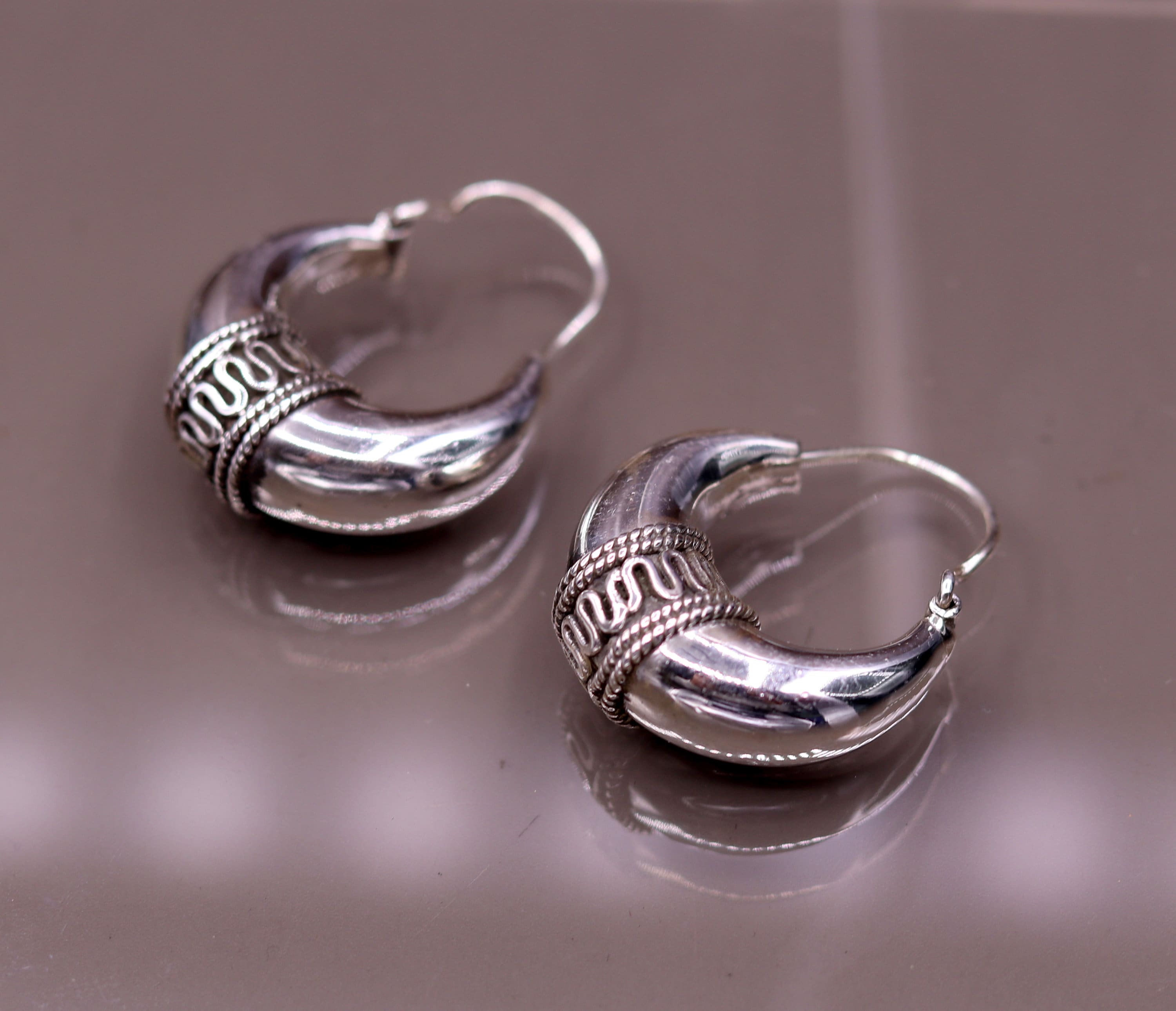 Orecchini A Cerchio In Argento Sterling 925 Fatto A Mano – Design Etnico Tribale Boho, Unisex - 6