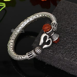 925 Sterling silver handmade Vintage style chitai work Lord Shiva trident trishul kada bangle bracelet with Rudraksha customized kada nsk767