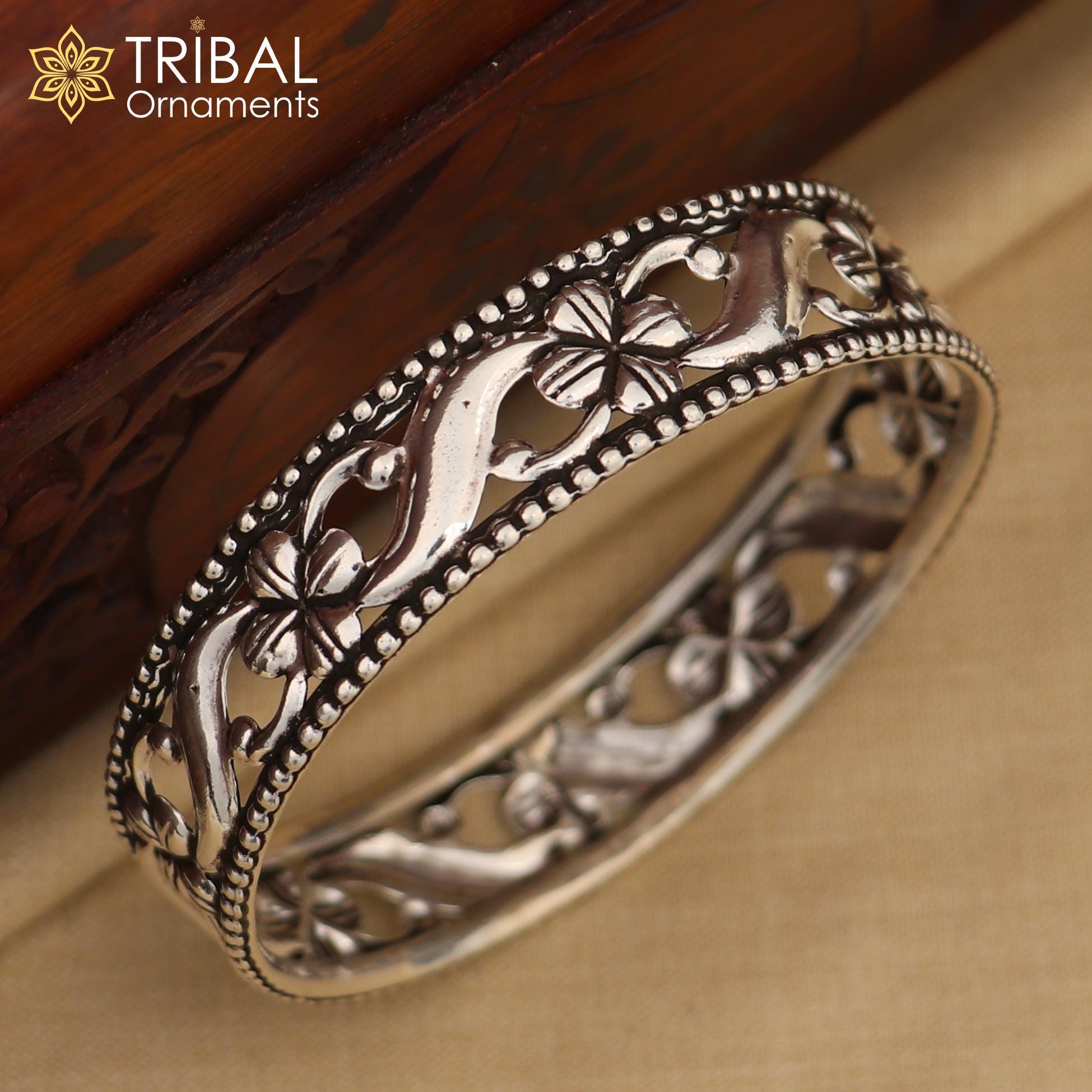 Floral Style 925 Sterling Silver Customized Bangle Bracelet Kada