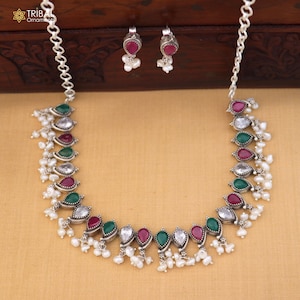 925 sterling silver ruby red and green cut stone necklace with earring ethnic Oxidized jewelry set849