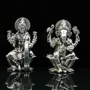 2&quot; 925 Sterling silver handmade customized Hindu idols Lakshmi and Ganesha statue, puja article figurine, home décor Diwali puja art2122