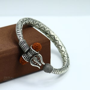 925 Sterling silver handmade chitai work Lord Shiva trident trishul kada bangle bracelet with natural Rudraksha customized kada nsk420
