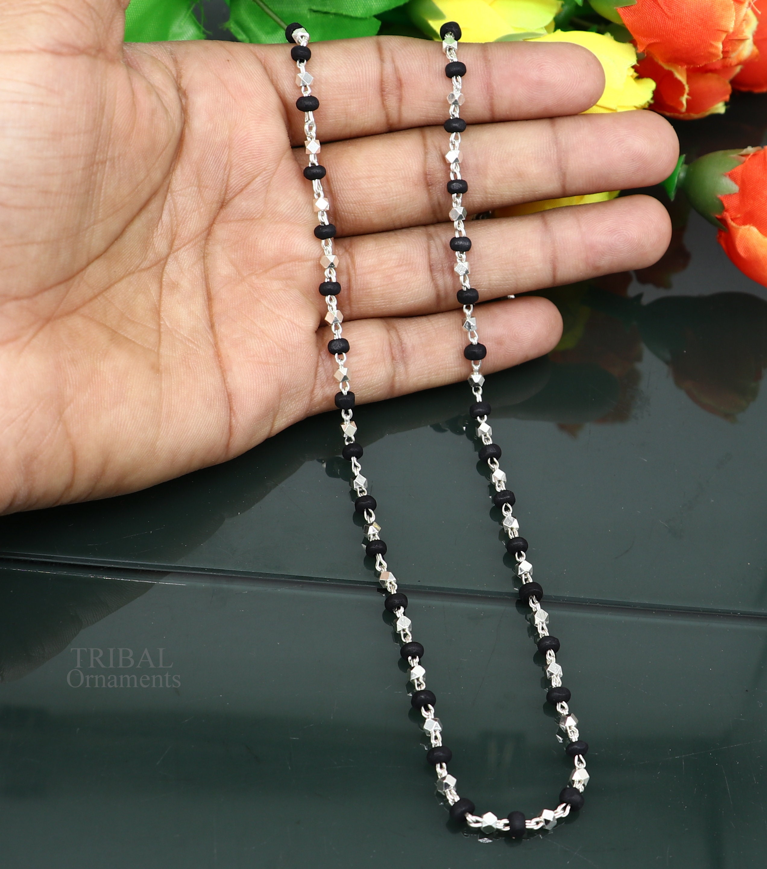 24インチ 925 スターリングシルバー ブラック ホーリーバジル ロザリオ