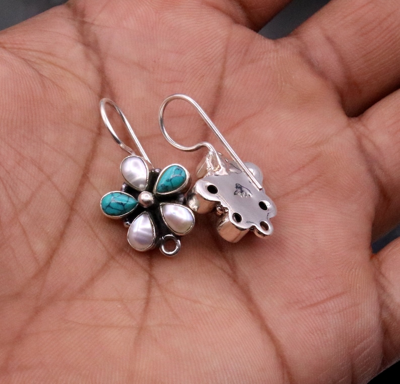 925 Sterling silver handmade fabulous Hoops earrings with gorgeous pearl and turquoise stone flower shape stylish jewelry from india s102