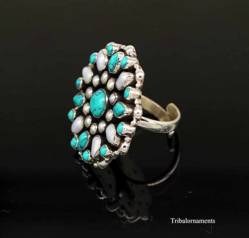 925 sterling silver handmade fabulous ring with gorgeous turquoise stone and pearl awesome adjustable customized ring unisex jewelry sr261