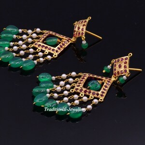 Authentic 22kt yellow gold handmade jadau earring dangling fabulous wedding anniversary gifting jewelry from rajasthan India image 4