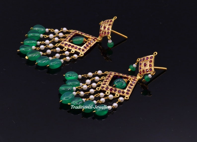 Authentic 22kt yellow gold handmade jadau earring dangling fabulous wedding anniversary gifting jewelry from rajasthan India image 4