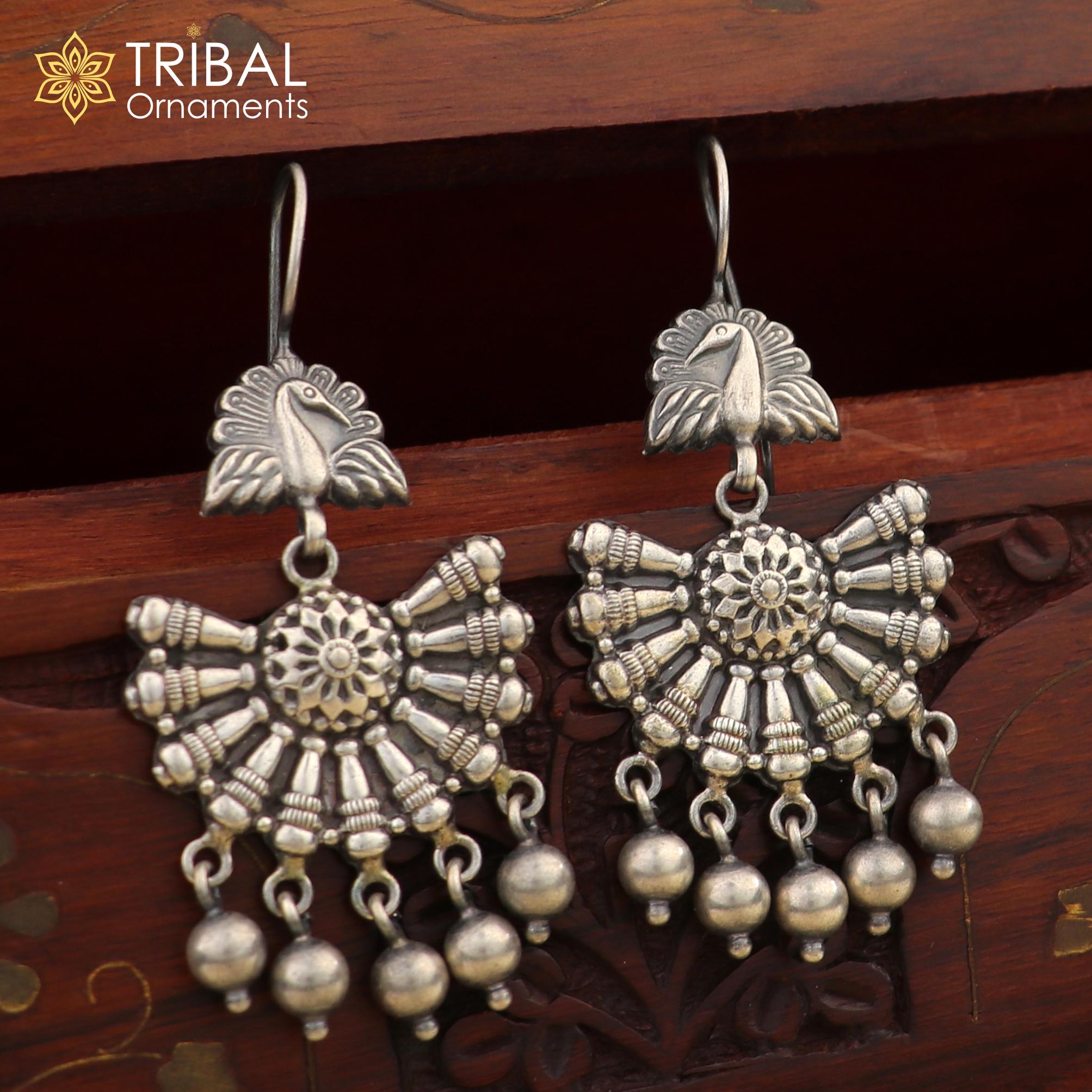 925 Sterling Silver Handmade Vintage Peacock Design Hoops Earrings