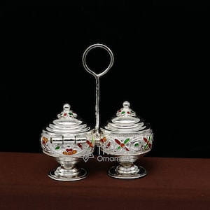 925 silver Vintage design trinket box, excellent kumkum/ sindur, sandal, saffron tilak box, silver kamandalam puja utensils stb788