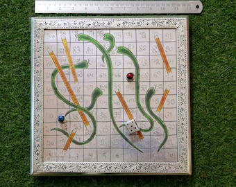 Juego de serpientes y escaleras de plata de ley 925, hecho a mano, con base de madera, estilo vintage, juego clásico sf17