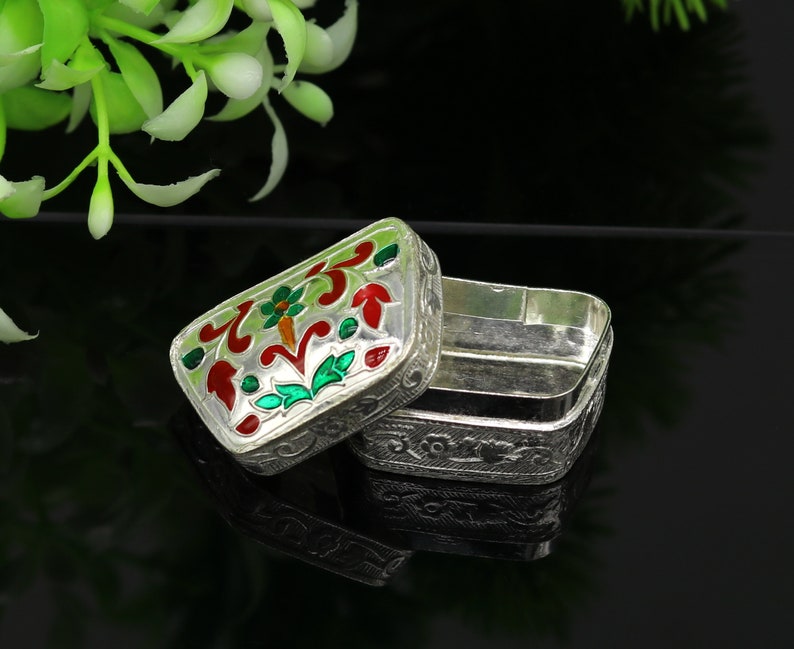 Enamel floral work 925 solid silver utensils trinket box silver utensils jewelry box container box vessels bridal gift stb60 casket box