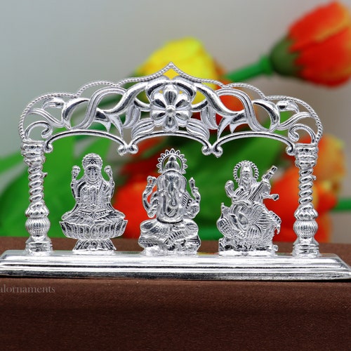 Solid Sterling silver handmade Hindu idols Laxmi,Ganesha and Saraswati statue, puja article figurine, home décor Diwali puja order gift su532