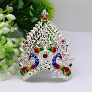 925 sterling silver vintage antique design handmade Mukut (crown), amazing peacock design silver god & goddess  crown home temple art su1021