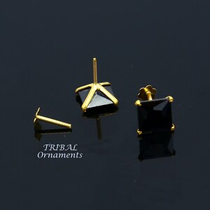 6mm 18kt yellow gold handmade single black stone back screw stud earring cartilage customized unisex jewelry er139