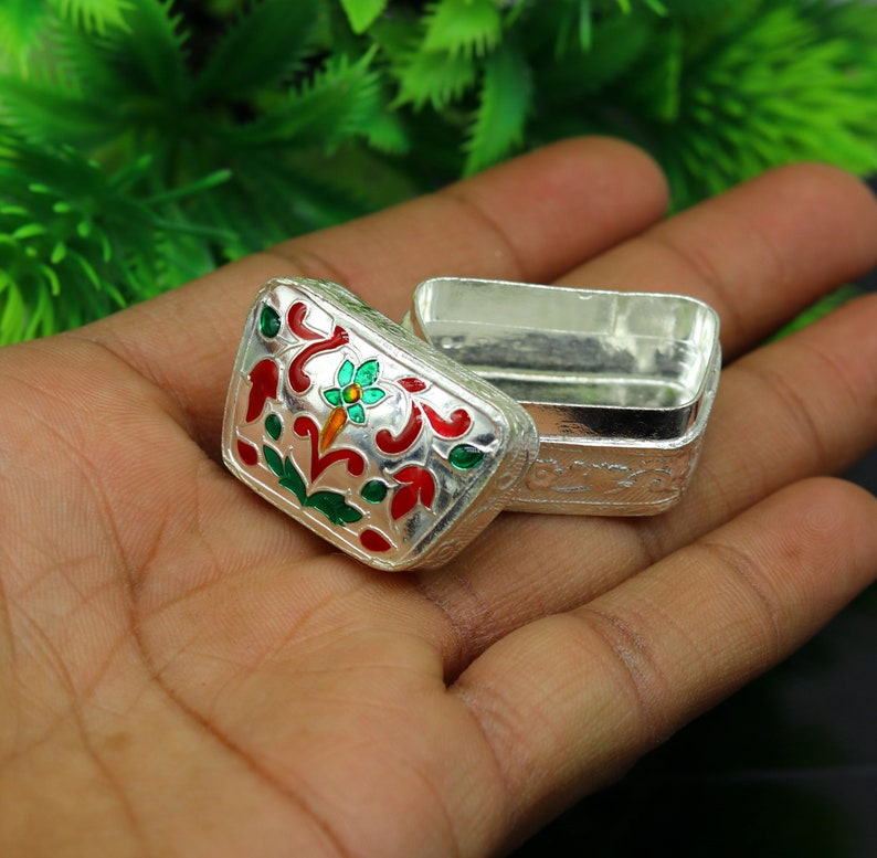 Enamel floral work 925 solid silver utensils trinket box silver utensils jewelry box container box vessels bridal gift stb60 casket box