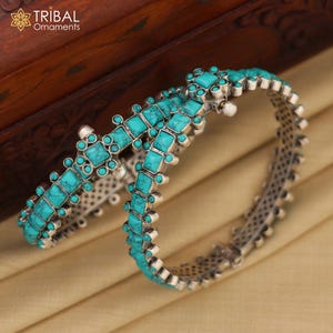 925 sterling silver handmade gorgeous tribal Stylish bangle bracelet kada, gorgeous turquoise stone wedding gifting jewelry nsk884