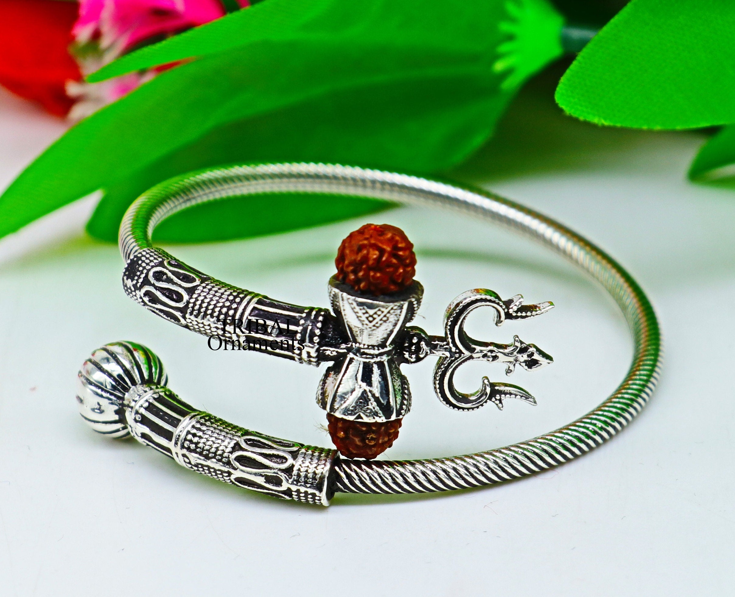 925 sterling silver handmade amazing customized lord shiva bangle bracelet,  excellent trident trishul with rudraksha unisex jewelry nssk15 | TRIBAL  ORNAMENTS