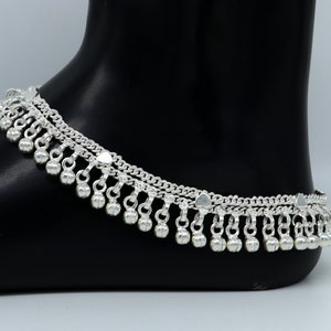10.5&quot; long handmade sterling silver gorgeous anklet bracelet, wonderful noisy hanging bells charm anklets girls women&#39;s belly dance ank339