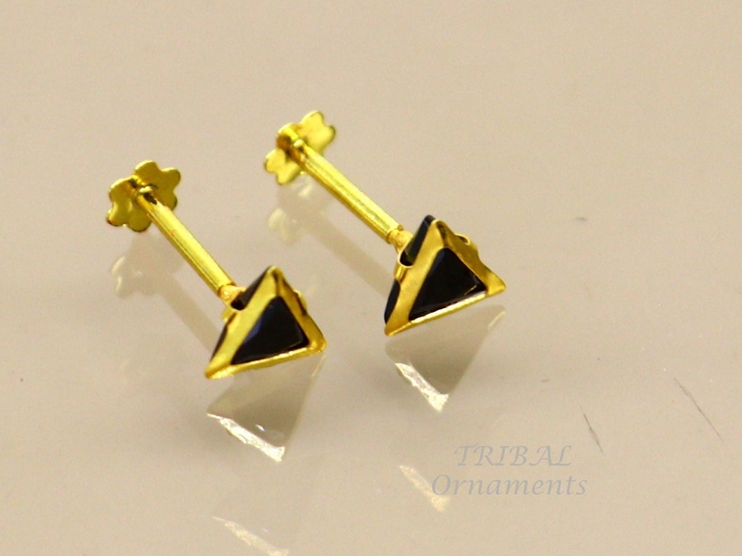 Numbering♥ #3191 Triangle Earrings with Stone Chain 4mm 18kt Yellow Gold Handmade Single Stone Triangle Shape