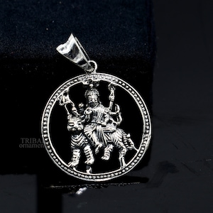Divine 925 sterling silver Goddess bhawani/ Durga mataji with lion pendant, amazing unisex pendant locket goddess tribal jewelry ssp1560