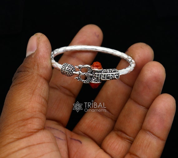 NEW SILVER LEATHER BRACELET WITH MAHAKAL SILVER PLATED KADA FOR MALES.