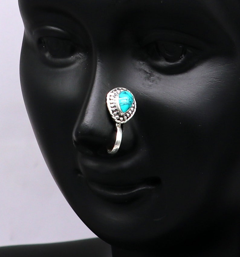 pure silver clip on nose pin without piercing nose stud 925 Sterling silver blue turquoise nose pin party wear nose pin jewelry np127