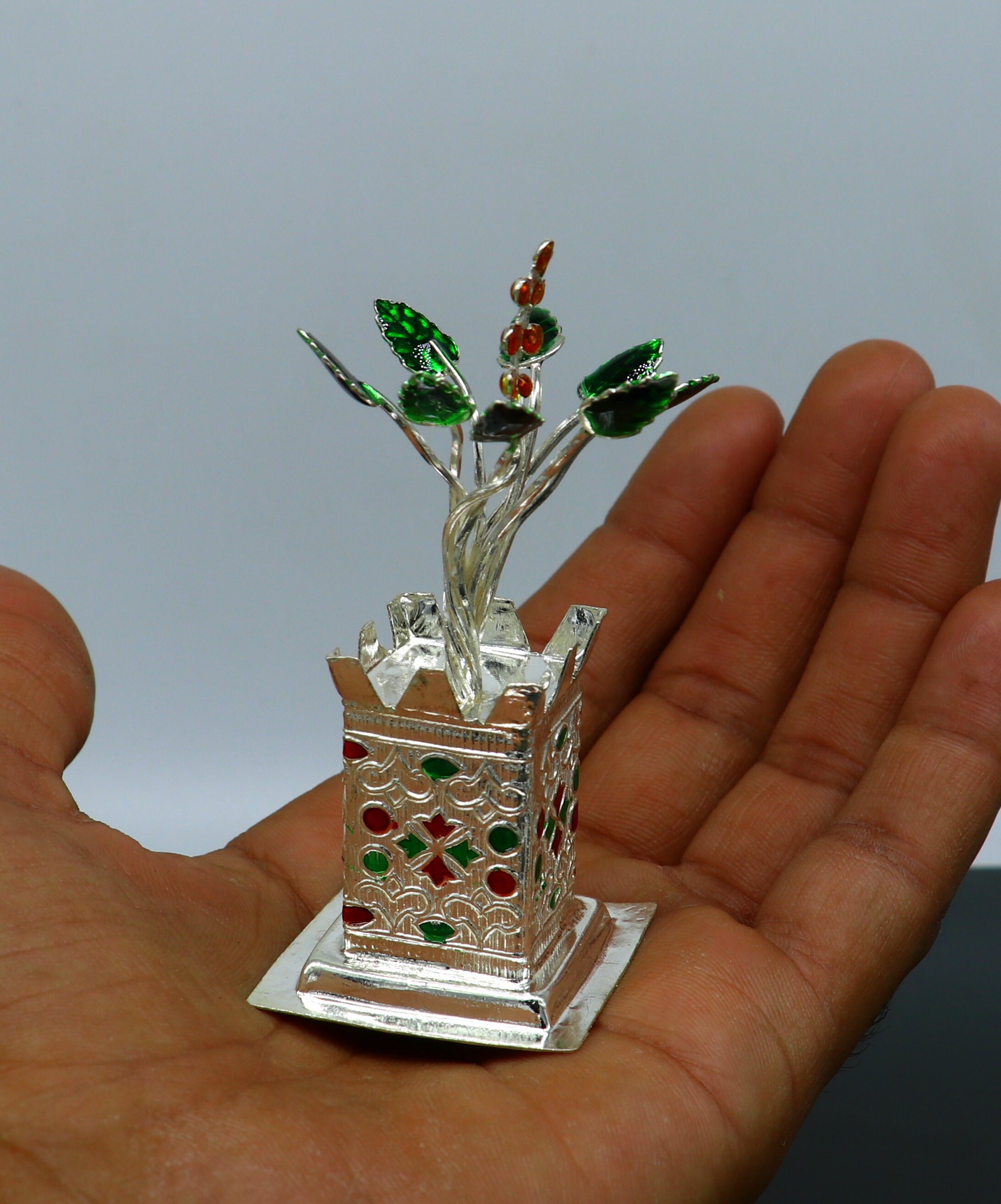 925 Sterling Silver Handmade Small Tulsi Plant Basil Rosary Plant