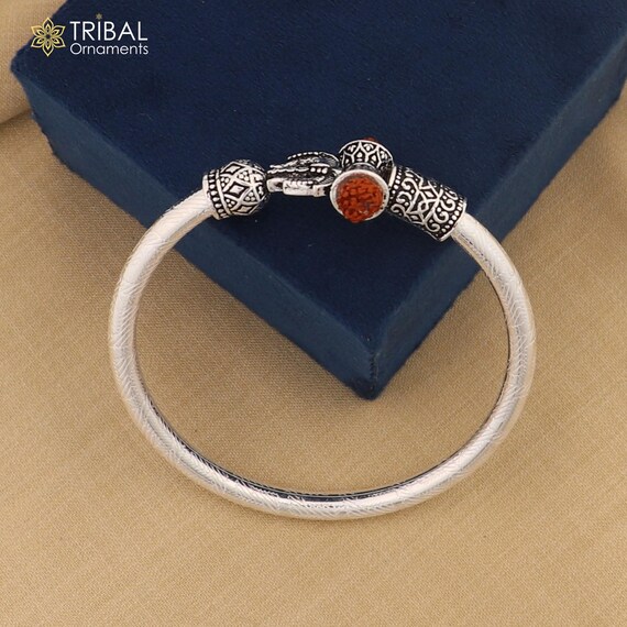 925 Sterling Silver Shiva Trishul and Rudraksha Bangle Bracelet