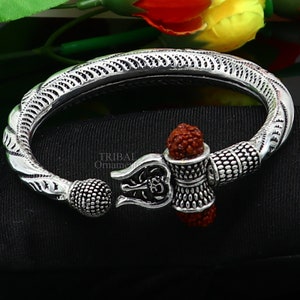 925 Sterling silver handmade chitai work Lord Shiva trident trishul kada bangle bracelet with natural Rudraksha customized kada Rnsk483