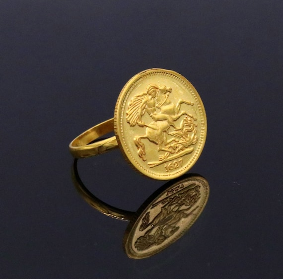 22kt yellow gold handmade ring coin ring with fabulous horse Design victorian ring band unisex jewelry from rajasthan india