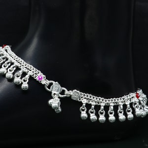 10.5&quot; long handmade sterling silver gorgeous ankle bracelet, wonderful noisy hanging bells charm anklets girls women&#39;s belly dance ank338