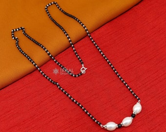 Elegant 925 sterling silver black beads chain necklace, gorgeous small stone design pendant, Mangalsutra chain beaded necklace set639