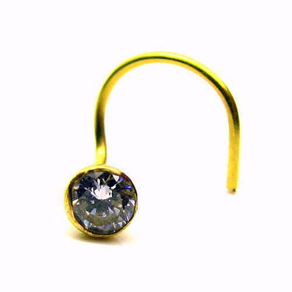 3 mm Fabulous Single Cubic Zircon Stone Nose Pin Stud Solid Real 14K Yellow Gold L Bend Gorgeous Stud
