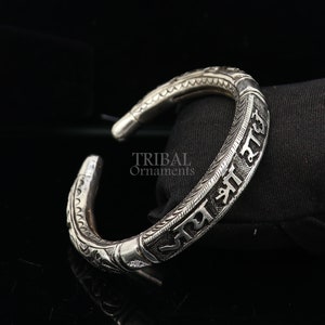 925 Sterling silver handmade Nakshi work &quot;Jai Shree Radhe&quot; Goddess Radha mantra bracelet kada divine unisex tribal ethnic jewelry nsk652