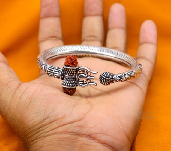 925 Sterling silver handmade chitai work Lord Shiva trident trishul kada bangle  bracelet with natural Rudraksha customized kada nsk419 | TRIBAL ORNAMENTS