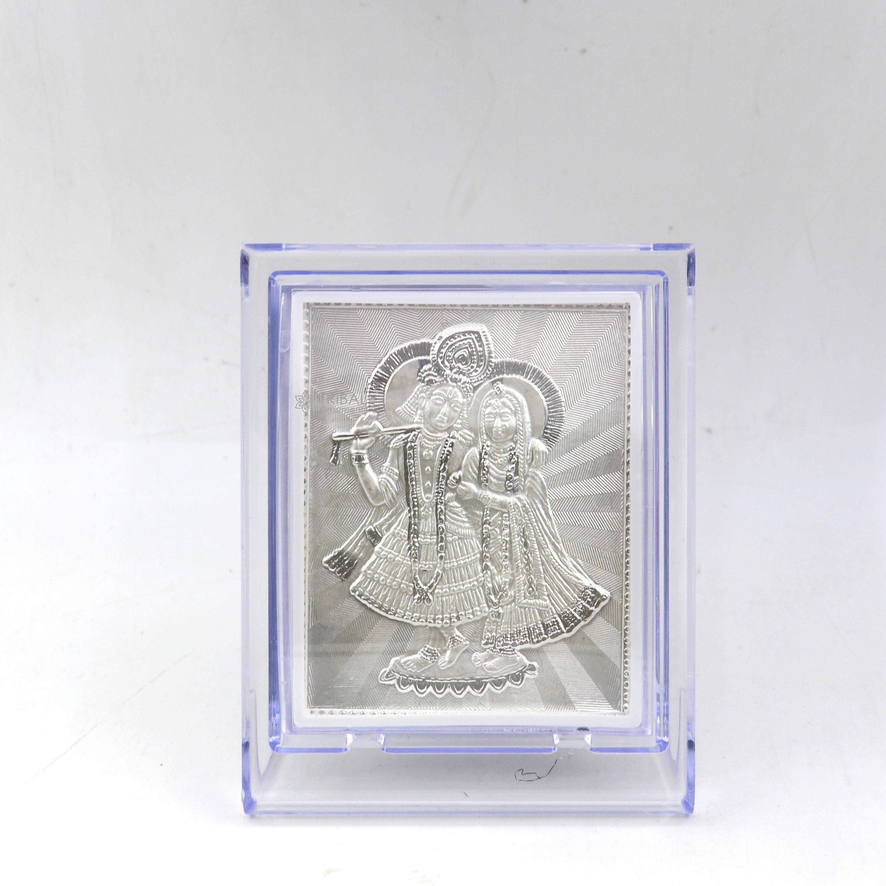999 pure sterling silver handmade idol Radha Krishna plate covered in plastic frame figurine, silver god frame art766